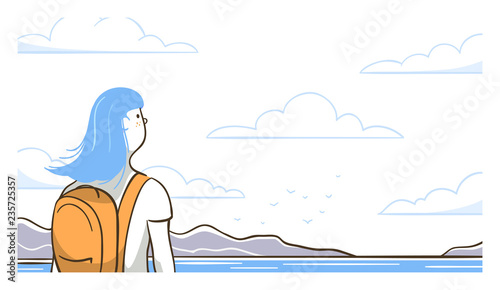 Close up of travel girl outdoors. Line art vector illustration.