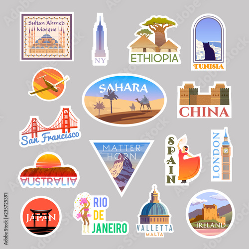 Set of vector travelling stickers colliction. Around the world