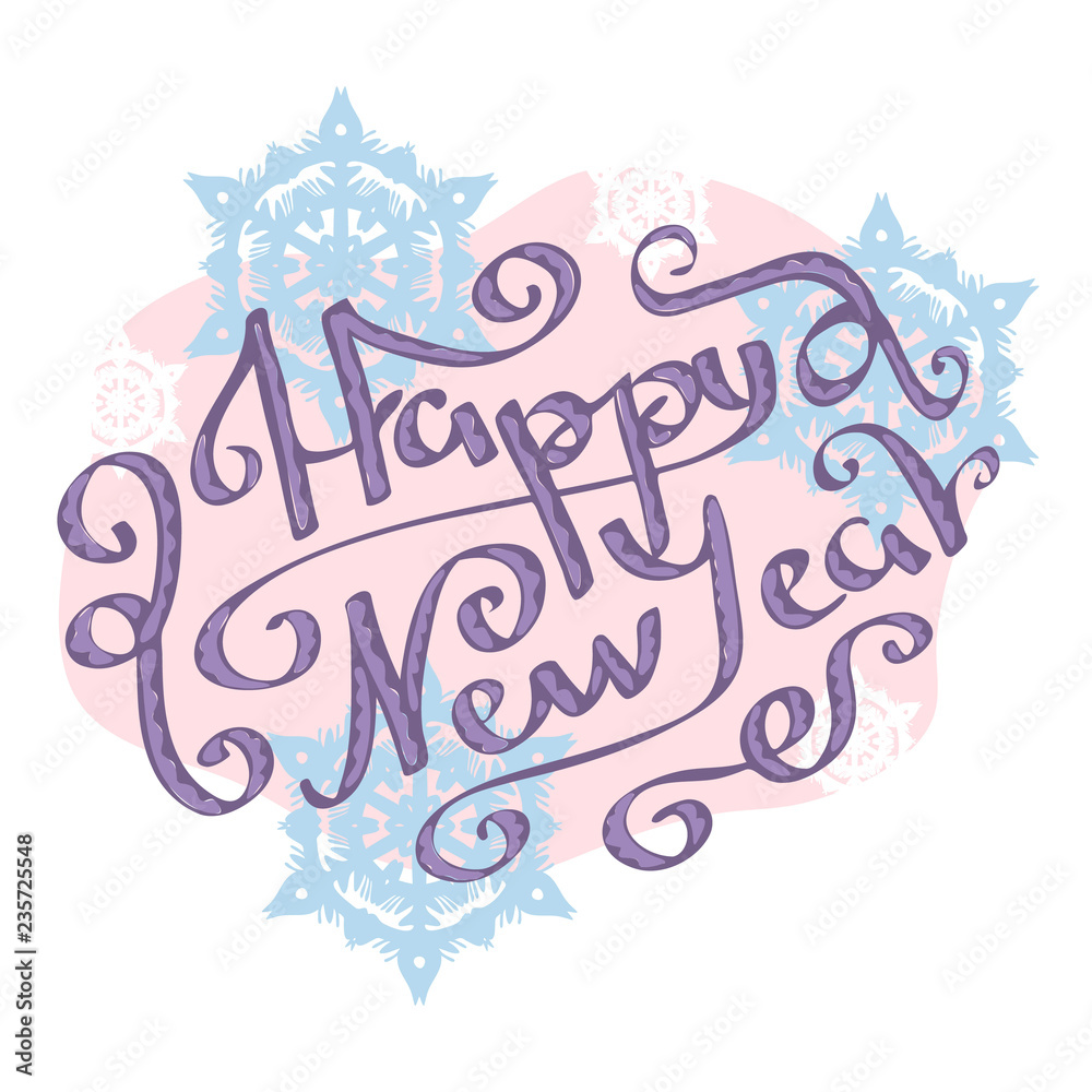 Lettering Happy New Year witn snowflake emblem. Vector design Usable for banners, greeting cards gifts etc.