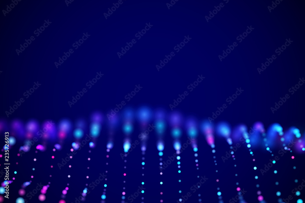 Abstract digital landscape or soundwaves with flowing particles. Big data technology background. Visualization of sound waves. Virtual reality concept: 3D digital surface. EPS 10 vector illustration.