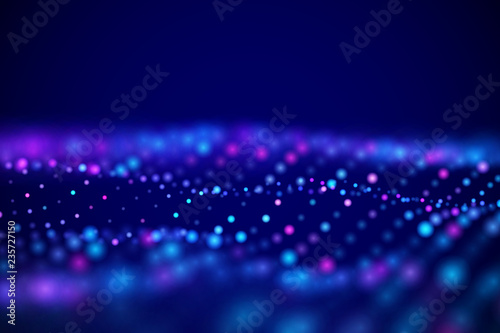 Abstract digital landscape or soundwaves with flowing particles. Big data technology background. Visualization of sound waves. Virtual reality concept: 3D digital surface. EPS 10 vector illustration.