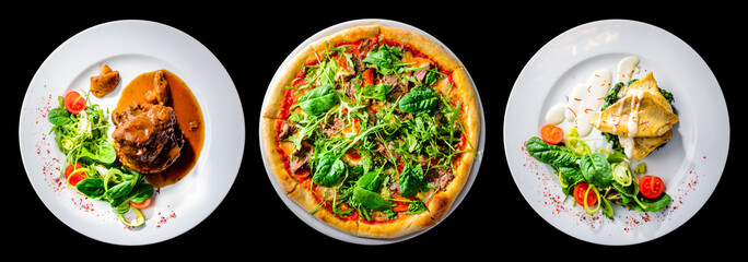 italian food set isolated on black , pizza, beef cheeks and fish