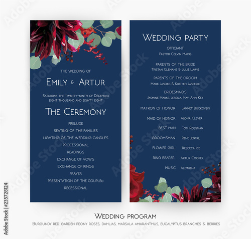 Wedding party & ceremony program card design with Red rose flowers, burgundy dahlia, eucalyptus branches, leaves, amaranthus & berries on navy blue background. Vector, elegant classy bohemian template