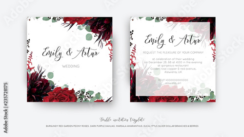 Wedding vector Floral invite, invitation save the date card design. Watercolor style drawn Red wine rose flower, burgundy dahlia, eucalyptus greenery branches, berries frame, border. Bohemian template