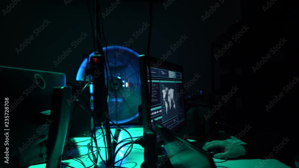 Hackers making cryptocurrency fraud using virus software and computer interface. Blockchain cyberattack, ddos and malware concept.