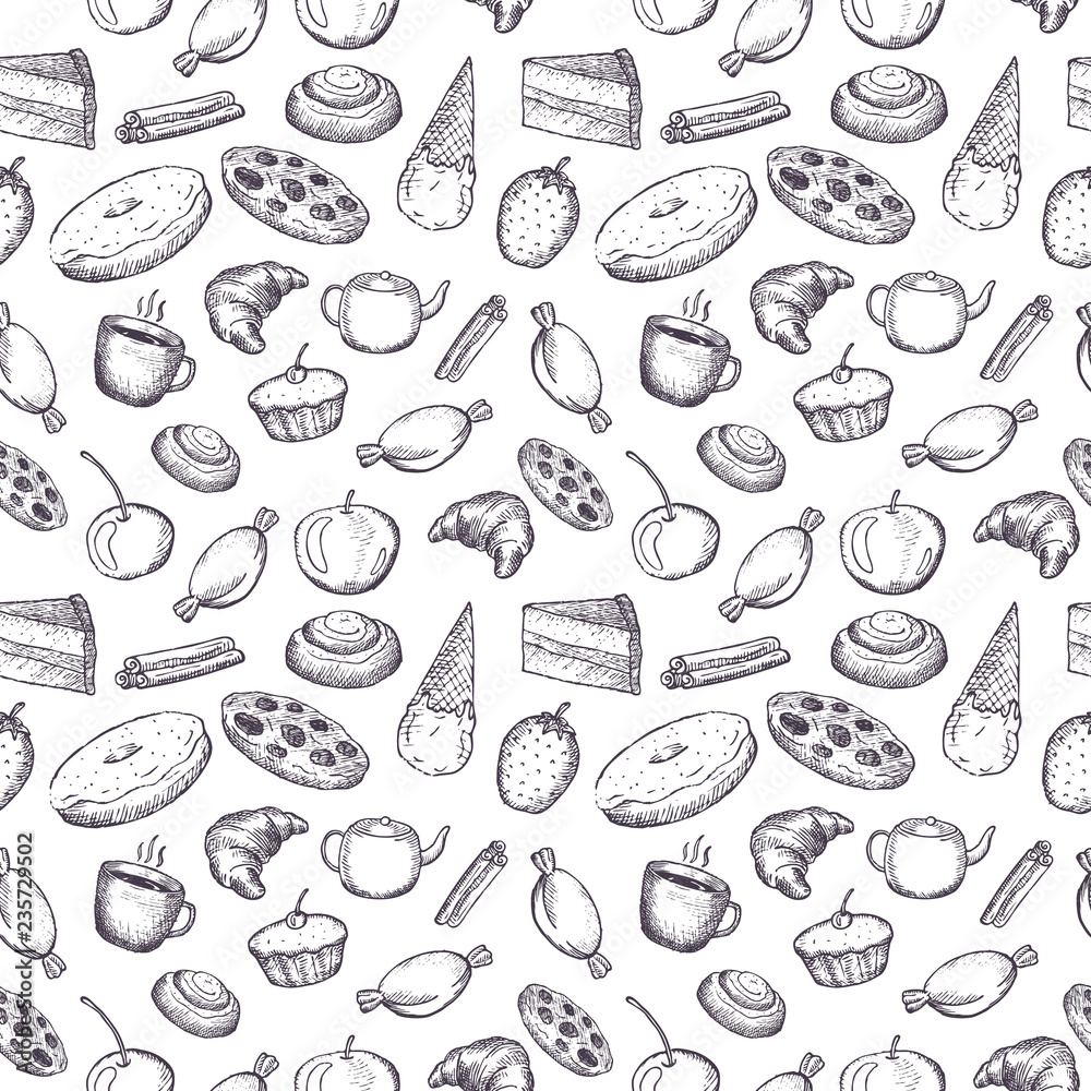 Hand drawn seamless texture of sweets doodles. Hand drawn seamless texture of sweets doodles.