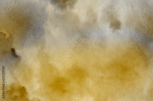 Gold watercolor texture with abstract washes and brush strokes on the white paper background. © Nastia