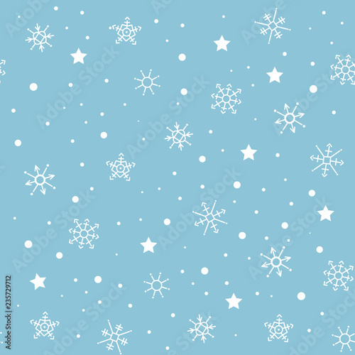 Seamless snowflakes pattern. Winter Christmas illustration. White snowflakes and stars on blue background.