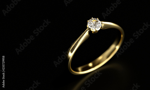 Gold Diamond Ring Isolated On black Background with copy space, 3D Rendering.
