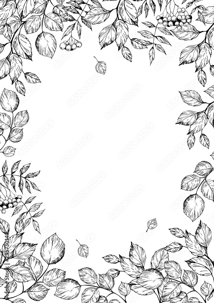 Floral decorative frame with forest tree brunches and leaves. Hand drawn illustration. Vector