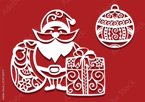 Santa Claus holding Christmas bag and gift and Christmas ball for laser cutting. New Year card