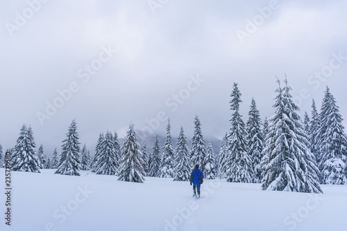 Alone tourist with a backpack in the high mountains in winter time. Travel concept © Ivan Kmit