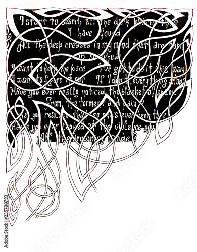 Text on a black background for ornamental patterns. Gel pen drawing
