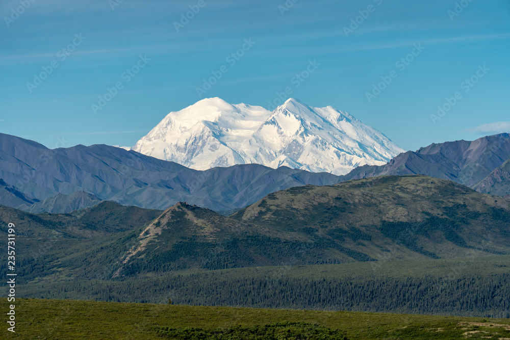 Clear unobstructed view of Mt Denali  -  (Mt McKinley) in Denali National Park. Completely clear view, sunny day in Alaska