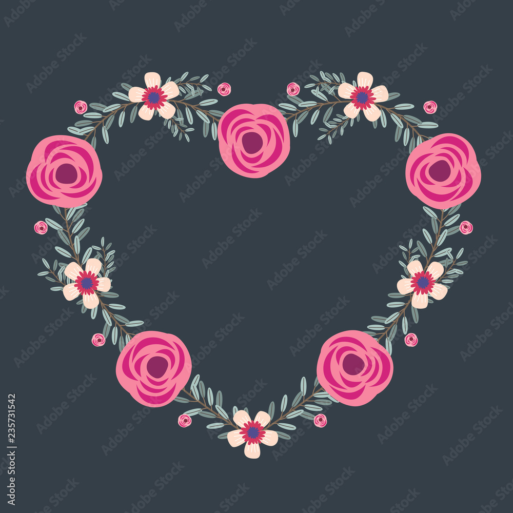 Floral greeting card and invitation template for wedding or birthday anniversary, Vector heart shape of text box label and frame, Rose flowers wreath ivy style with branch and leaves.