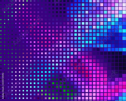 Disco panel. Bright dynamic background with squares. Geometrical figure of different scale neon color. Vector illustration.
