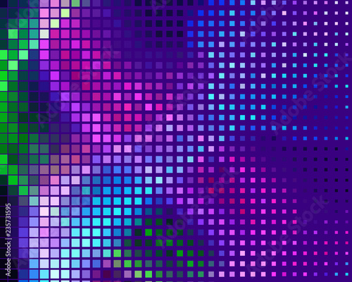 Disco panel. Bright dynamic background with squares. Geometrical figure of different scale neon color. Vector illustration.