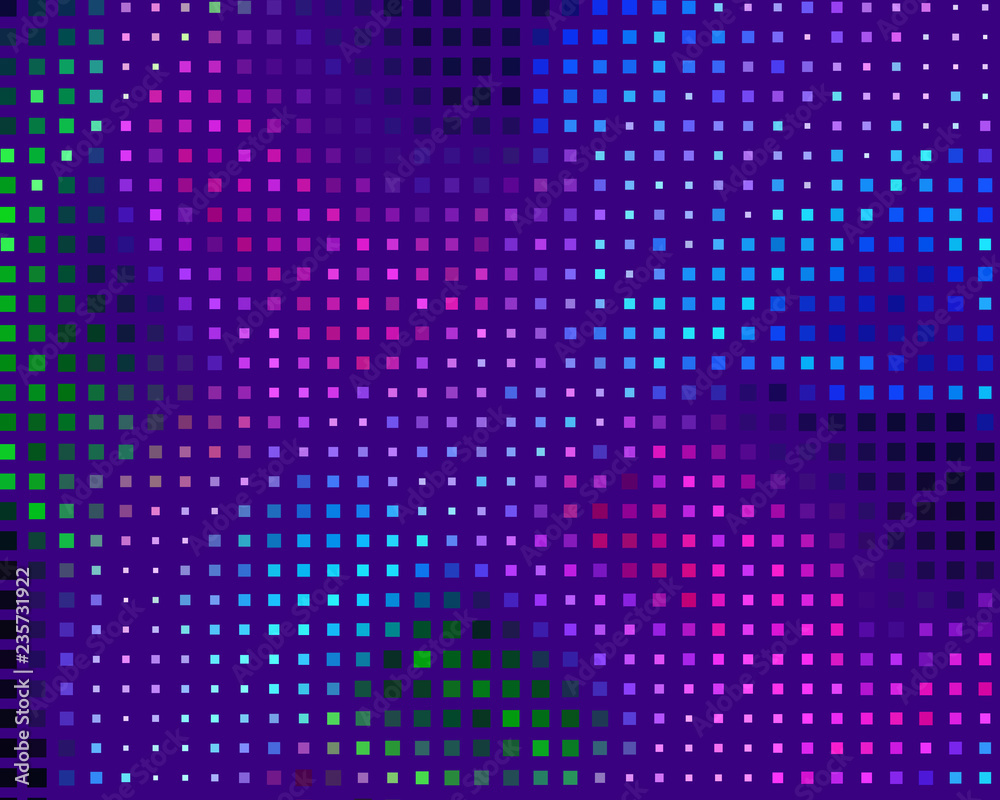 Disco panel. Bright dynamic background with squares. Geometrical figure of different scale neon color. Vector illustration.