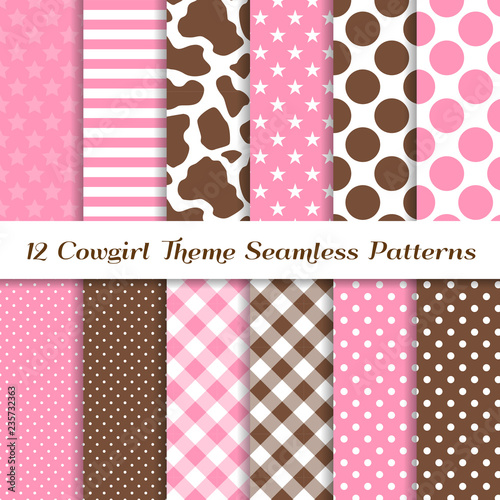 Cowgirl Theme Seamless Vector Patterns with Cow Skin Print, Pink and Brown Gingham, Polka Dots, Stripes and Stars Backgrounds. Perfect for kids birthday party! Pattern Tile Swatches Included