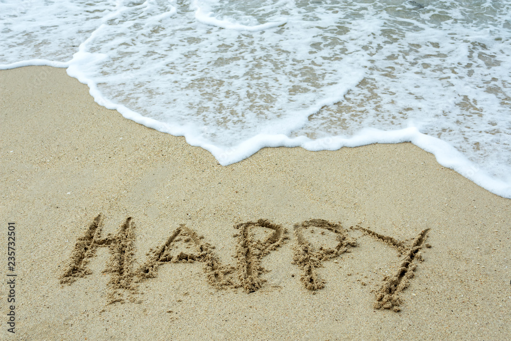 Happy word on a sand beach with waves. Happy word on a sand beach with waves.