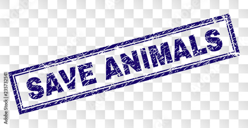 SAVE ANIMALS stamp seal print with rubber print style and double framed rectangle shape. Stamp is placed on a transparent background.