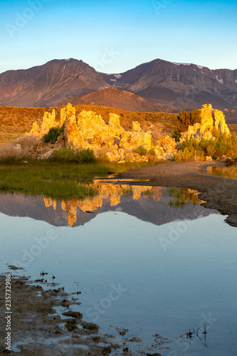 Reflections in Mono Lake in California during a summer sunrise