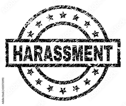 HARASSMENT stamp seal watermark with distress style. Designed with rectangle, circles and stars. Black vector rubber print of HARASSMENT tag with unclean texture.