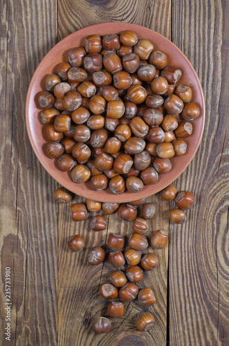 Hazelnuts in a plate and near are located on the table