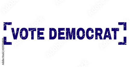 VOTE DEMOCRAT caption seal watermark with grunge texture. Text caption is placed inside corners. Blue vector rubber print of VOTE DEMOCRAT with unclean texture.