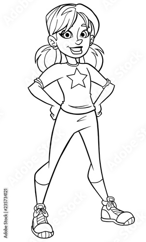 Line art full length portrait of happy girl smiling while wearing casual clothes outdoors during summer against white background for copy space.