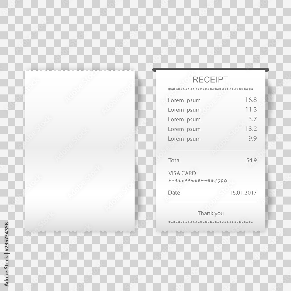 Sales printed receipt, shopping paper bill atm mockup isolated on transparent background. Vector illustration Sales printed receipt, shopping paper bill atm mockup isolated on transparent background. Vector illustration
