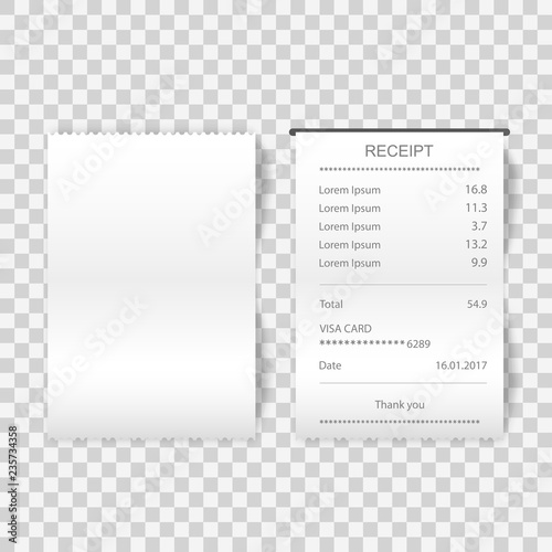 Sales printed receipt, shopping paper bill atm mockup isolated on transparent background. Vector illustration