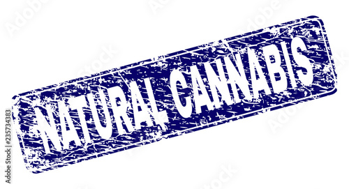 NATURAL CANNABIS stamp seal imprint with grunge texture. Seal shape is a rounded rectangle with frame. Blue vector rubber print of NATURAL CANNABIS label with grunge texture.