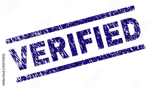 VERIFIED seal print with grunge style. Blue vector rubber print of VERIFIED text with unclean texture. Text label is placed between parallel lines.