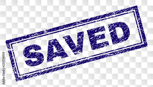 SAVED stamp seal print with rubber print style and double framed rectangle shape. Stamp is placed on a transparent background. Blue vector rubber print of SAVED label with unclean texture.