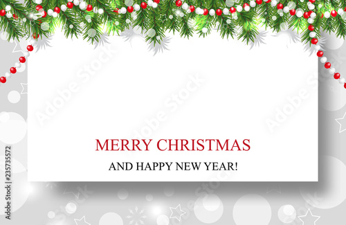Christmas  decoration with garland fir branches and beads. New Year background. Vector