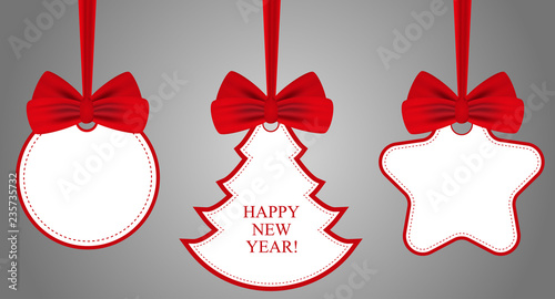 Stickers and labels with red bows. Holiday Christmas or New Year symbols. Vector