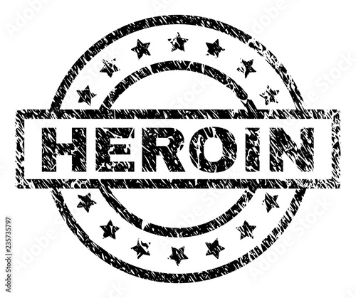 HEROIN stamp seal watermark with distress style. Designed with rectangle, circles and stars. Black vector rubber print of HEROIN text with scratched texture.