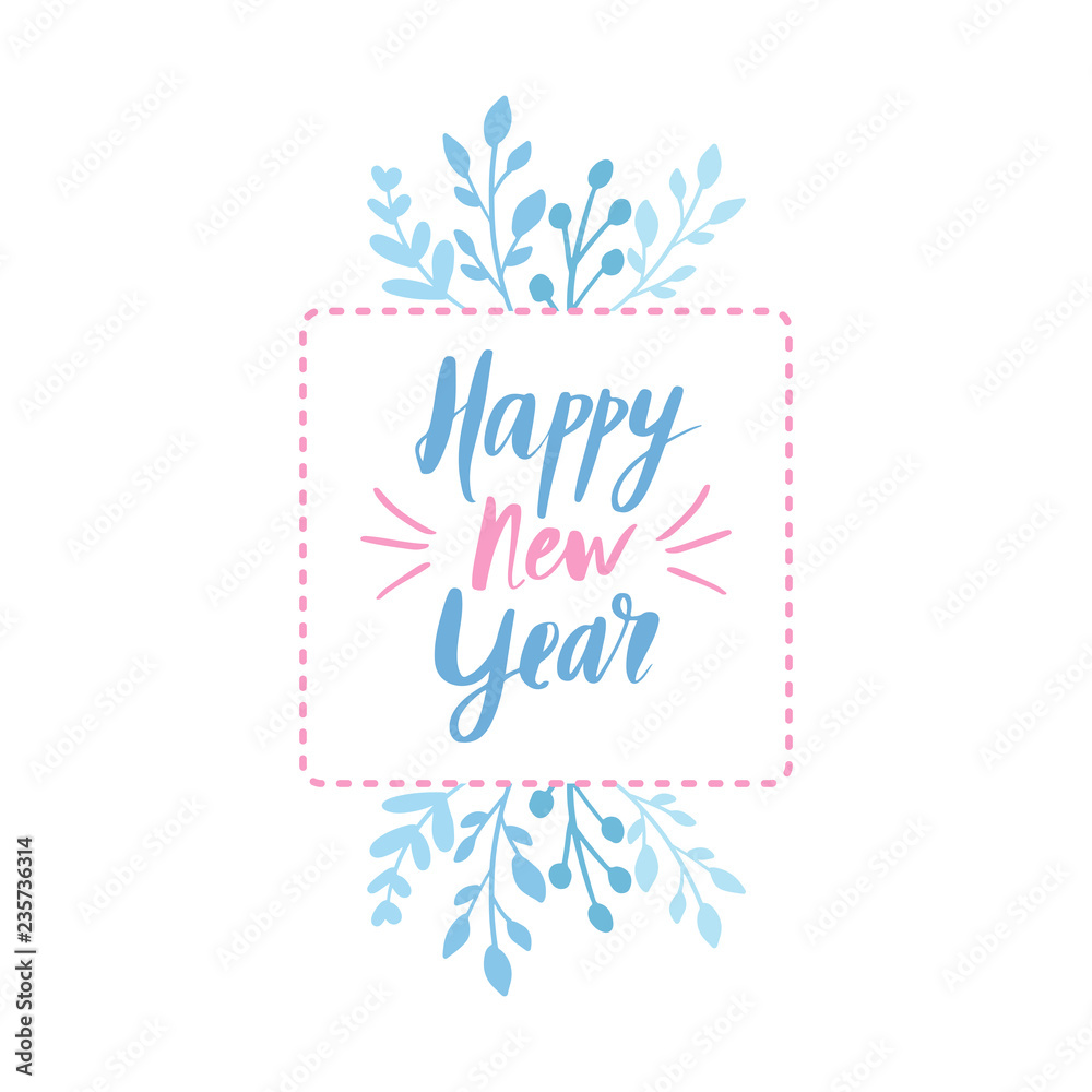 Obraz premium Merry Christmas and Happy New Year vector card. Frame, border with leaves and branches.