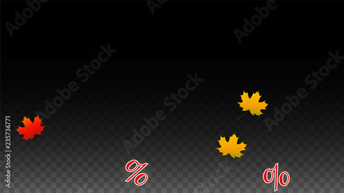 Vector Percentage Sign and Autumn Leaves Confetti on Transparent Background. Percent Sale Background. Business, Economics, Finance Print. Discount Illustration. Promotion poster. Black Friday Banner. 