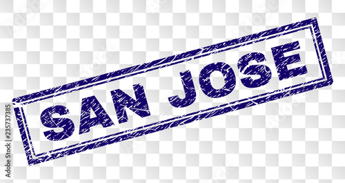 SAN JOSE stamp seal print with distress style and double framed rectangle shape. Stamp is placed on a transparent background. Blue vector rubber print of SAN JOSE tag with unclean texture.