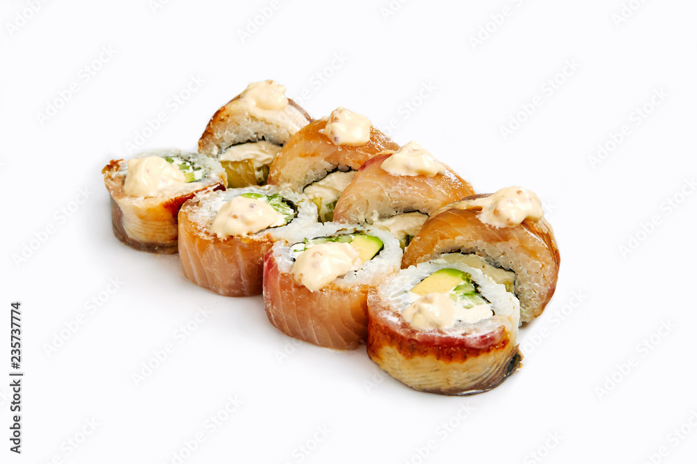 Japan sushi rolls isolated on white background Japan sushi rolls isolated on white background