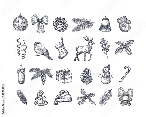 Hand Drawn Christmas Icons Set. A Collection of Winter Holiday New Year Sketches. Engraving Style Xmas Drawings.