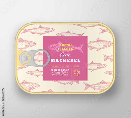 Canned Fish Label Template. Abstract Vector Fish Aluminium Container with Label Cover. Packaging Design. Modern Typography and Hand Drawn Mackerel Silhouette Background Layout.