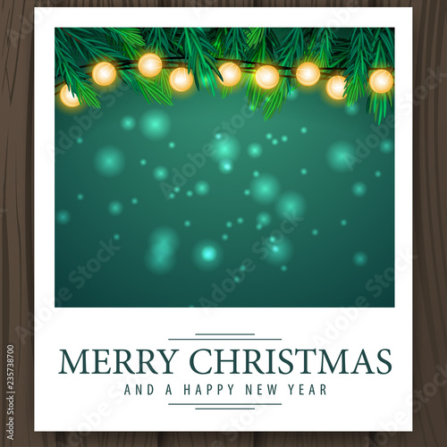 Christmas photo template with Christmas garland and merry Christmas greetings