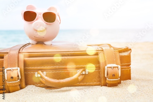 Pink piggy bank in sunglasses on leather travel case over sea