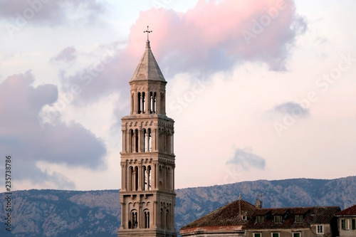 Saint Domnius bell tower and cathedral in Split, Croatia during sunset. Split is popular travel destination in Croatia.