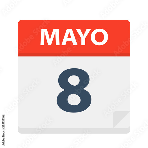 Mayo 8 - Calendar Icon - May 8. Vector illustration of Spanish Calendar Leaf