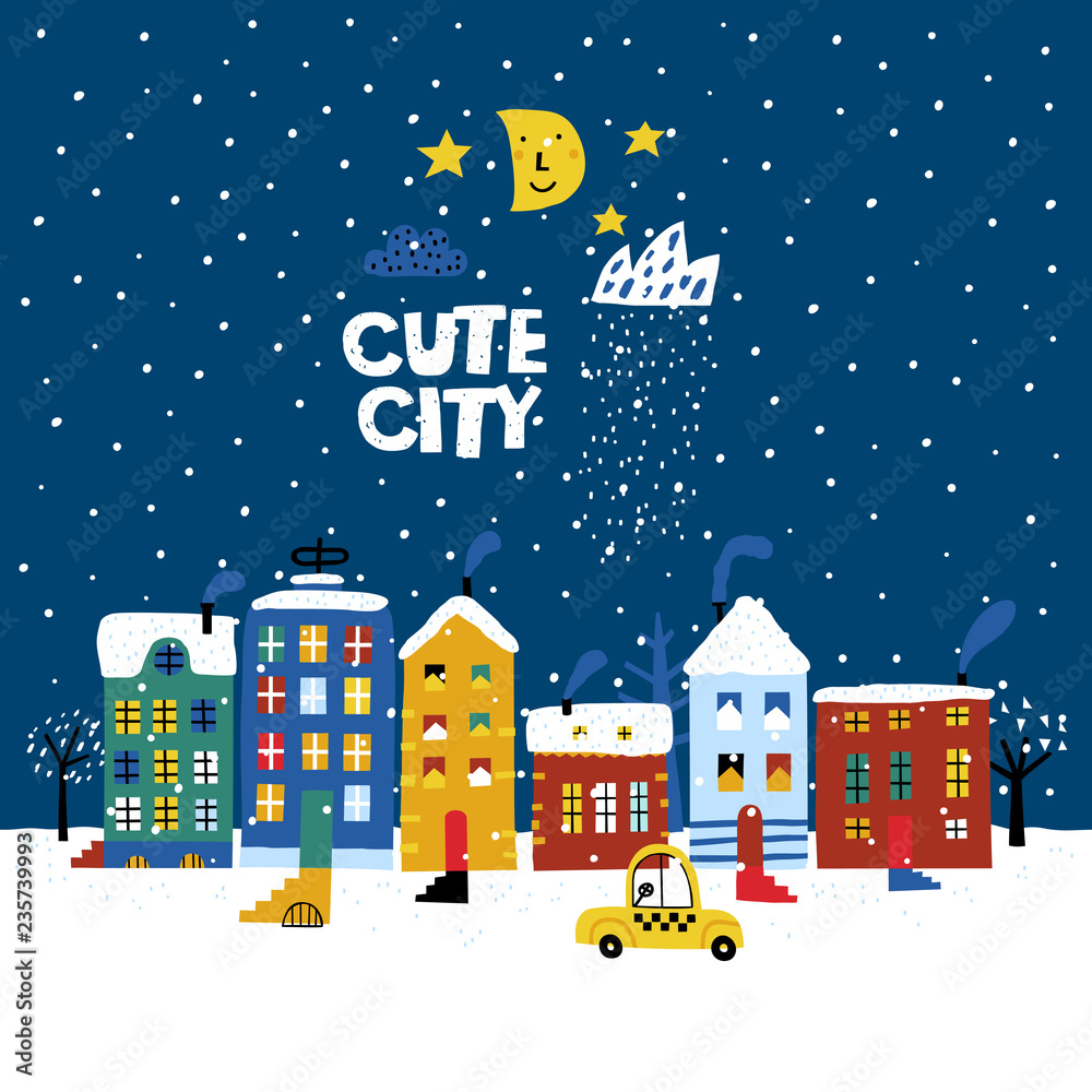 Vector background. Winter city landscape. Snowy street. Christmas card Happy Holidays banner. Vector illustration flat design.