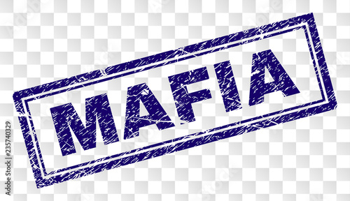 MAFIA stamp seal imprint with rubber print style and double framed rectangle shape. Stamp is placed on a transparent background. Blue vector rubber print of MAFIA caption with scratched texture.